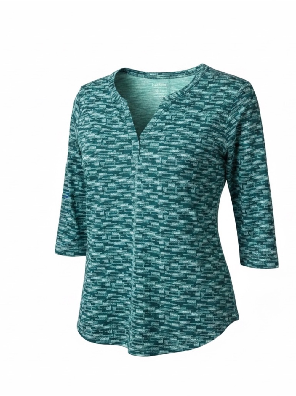 LL Bean Womens L Teal Athletic Top Geometric Print Stretch Hiking Casual